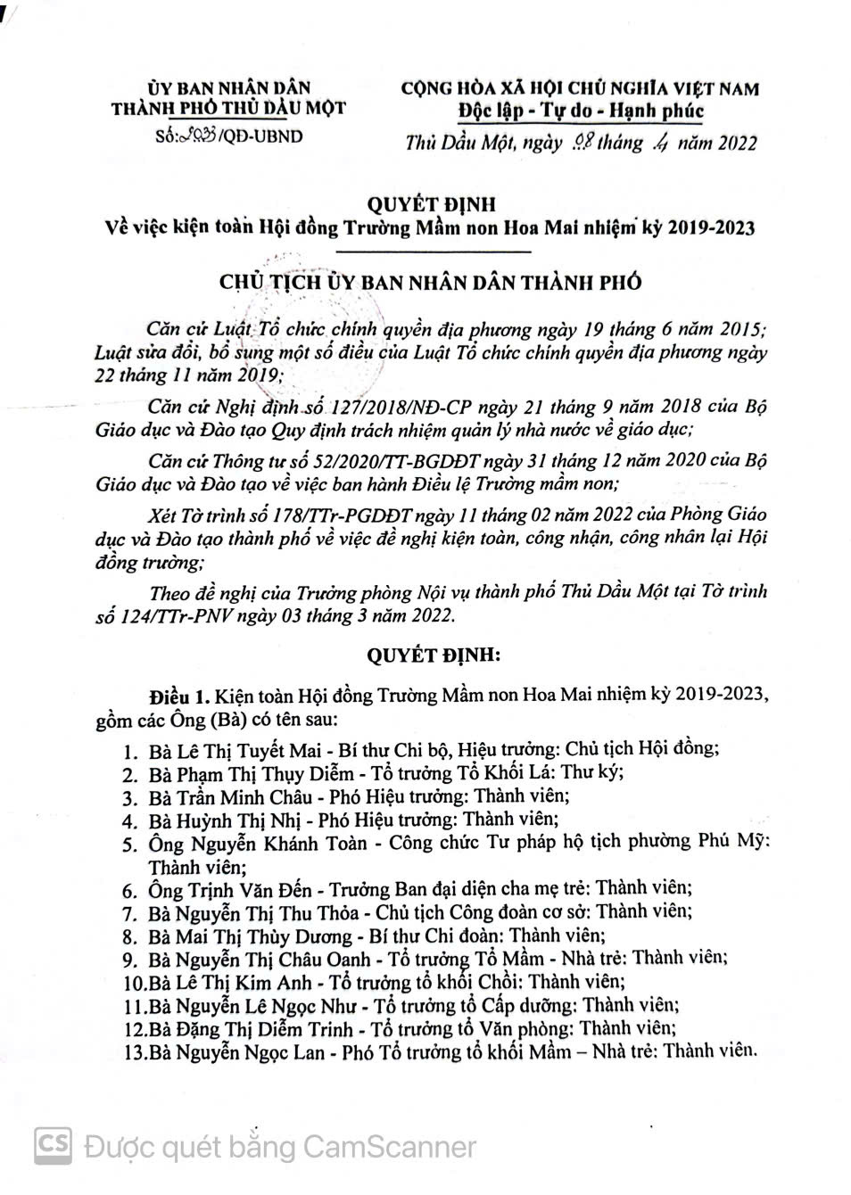 Quyết định kiện toàn hội đồng trường nhiệm kỳ 2019-2023